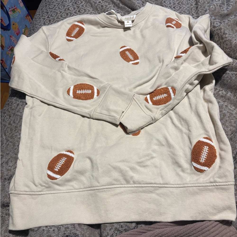 NWOT! Cream Sweatshirt with Football Pattern - Picture 2 of 4